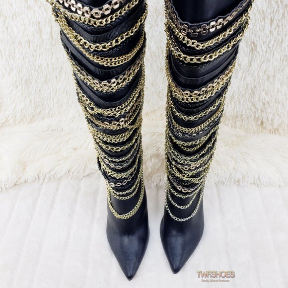 FINAL SALE Black Multiple Gold Chain 4.5" Heel Knee High Boot Last One - Picture 1 of 13
